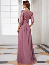 Load image into Gallery viewer, Color=Orchid | Elegant Round Neckline 3/4 Sleeve Sequins Patchwork Evening Dress-Orchid 2