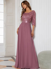 Load image into Gallery viewer, Color=Orchid | Elegant Round Neckline 3/4 Sleeve Sequins Patchwork Evening Dress-Orchid 3