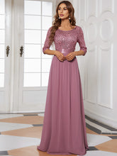 Load image into Gallery viewer, Color=Orchid | Elegant Round Neckline 3/4 Sleeve Sequins Patchwork Evening Dress-Orchid 4
