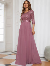 Load image into Gallery viewer, Color=Orchid | Elegant Round Neckline 3/4 Sleeve Sequins Patchwork Evening Dress-Orchid 1