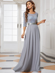 Color=Silver | Elegant Round Neckline 3/4 Sleeve Sequins Patchwork Evening Dress-Silver 4