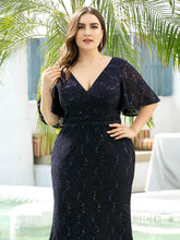 Load image into Gallery viewer, Color=Navy Blue | V Neck Flowy Sleeve Plus Size Fishtail Lace Evening Dresses-Navy Blue 5
