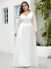 Load image into Gallery viewer, Color=White | Elegant Plus Size A-Line Lace Long Sleeves Wedding Dress-White 4