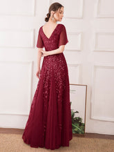 Load image into Gallery viewer, Color=Burgundy | romantic-shimmery-v-neck-ruffle-sleeves-maxi-long-evening-gowns-ep00734-Burgundy 7