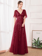Load image into Gallery viewer, Color=Burgundy | romantic-shimmery-v-neck-ruffle-sleeves-maxi-long-evening-gowns-ep00734-Burgundy 8