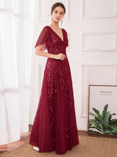 Load image into Gallery viewer, Color=Burgundy | romantic-shimmery-v-neck-ruffle-sleeves-maxi-long-evening-gowns-ep00734-Burgundy 9