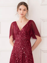 Load image into Gallery viewer, Color=Burgundy | romantic-shimmery-v-neck-ruffle-sleeves-maxi-long-evening-gowns-ep00734-Burgundy 10