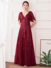 Load image into Gallery viewer, Color=Burgundy | romantic-shimmery-v-neck-ruffle-sleeves-maxi-long-evening-gowns-ep00734-Burgundy 6