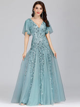 Load image into Gallery viewer, Color=Dusty Blue | romantic-shimmery-v-neck-ruffle-sleeves-maxi-long-evening-gowns-ep00734-Dusty Blue 11