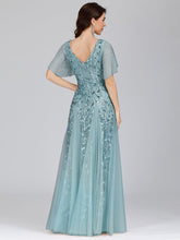 Load image into Gallery viewer, Color=Dusty Blue | romantic-shimmery-v-neck-ruffle-sleeves-maxi-long-evening-gowns-ep00734-Dusty Blue 12