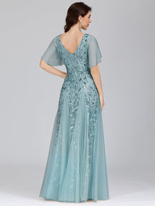 Color=Dusty Blue | romantic-shimmery-v-neck-ruffle-sleeves-maxi-long-evening-gowns-ep00734-Dusty Blue 12