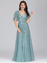 Load image into Gallery viewer, Color=Dusty Blue | romantic-shimmery-v-neck-ruffle-sleeves-maxi-long-evening-gowns-ep00734-Dusty Blue 13