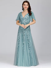 Load image into Gallery viewer, Color=Dusty Blue | romantic-shimmery-v-neck-ruffle-sleeves-maxi-long-evening-gowns-ep00734-Dusty Blue 14