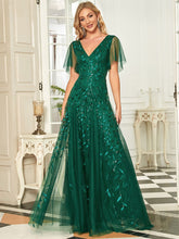 Load image into Gallery viewer, Color=Dark Green | Glamorous Short Ruffle Sleeves A Line Wholesale Dresses-Dark Green 1
