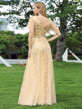 Load image into Gallery viewer, Color=Gold | romantic-shimmery-v-neck-ruffle-sleeves-maxi-long-evening-gowns-ep00734-Gold 17