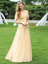 Load image into Gallery viewer, Color=Gold | romantic-shimmery-v-neck-ruffle-sleeves-maxi-long-evening-gowns-ep00734-Gold 18