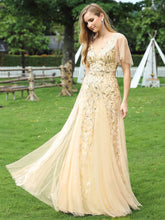 Load image into Gallery viewer, Color=Gold | romantic-shimmery-v-neck-ruffle-sleeves-maxi-long-evening-gowns-ep00734-Gold 19