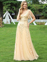 Load image into Gallery viewer, Color=Gold | romantic-shimmery-v-neck-ruffle-sleeves-maxi-long-evening-gowns-ep00734-Gold 16