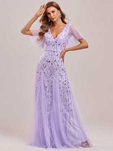 Color=Lavender | Glamorous Short Ruffle Sleeves A Line Wholesale Dresses-Lavender 12
