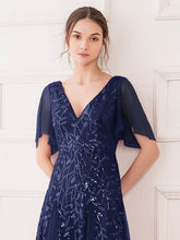 Load image into Gallery viewer, Color=Navy Blue | romantic-shimmery-v-neck-ruffle-sleeves-maxi-long-evening-gowns-ep00734-Navy Blue 25