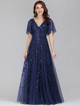 Load image into Gallery viewer, Color=Navy Blue | romantic-shimmery-v-neck-ruffle-sleeves-maxi-long-evening-gowns-ep00734-Navy Blue 21
