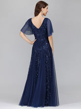 Load image into Gallery viewer, Color=Navy Blue | romantic-shimmery-v-neck-ruffle-sleeves-maxi-long-evening-gowns-ep00734-Navy Blue 22