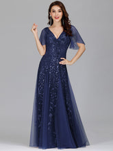Load image into Gallery viewer, Color=Navy Blue | romantic-shimmery-v-neck-ruffle-sleeves-maxi-long-evening-gowns-ep00734-Navy Blue 23