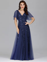 Load image into Gallery viewer, Color=Navy Blue | romantic-shimmery-v-neck-ruffle-sleeves-maxi-long-evening-gowns-ep00734-Navy Blue 24