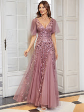 Load image into Gallery viewer, Color=Orchid | romantic-shimmery-v-neck-ruffle-sleeves-maxi-long-evening-gowns-ep00734-Orchid 6