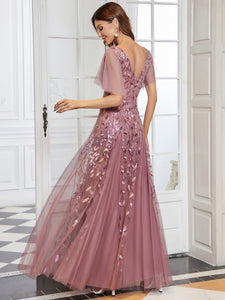 Color=Orchid | romantic-shimmery-v-neck-ruffle-sleeves-maxi-long-evening-gowns-ep00734-Orchid 2