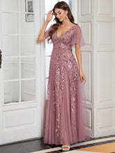 Load image into Gallery viewer, Color=Orchid | romantic-shimmery-v-neck-ruffle-sleeves-maxi-long-evening-gowns-ep00734-Orchid 4