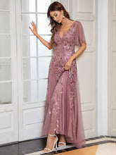 Load image into Gallery viewer, Color=Orchid | romantic-shimmery-v-neck-ruffle-sleeves-maxi-long-evening-gowns-ep00734-Orchid 3
