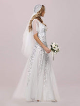 Load image into Gallery viewer, Color=White | Modern Floor Length Embroidered Sequined Tulle Wedding Dress-White 5
