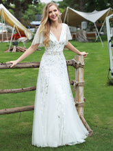 Load image into Gallery viewer, Color=White | romantic-shimmery-v-neck-ruffle-sleeves-maxi-long-evening-gowns-ep00734-White 4