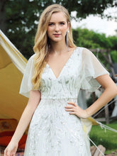 Load image into Gallery viewer, Color=White | romantic-shimmery-v-neck-ruffle-sleeves-maxi-long-evening-gowns-ep00734-White 5
