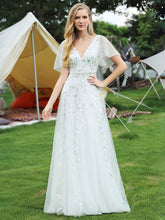 Load image into Gallery viewer, Color=White | romantic-shimmery-v-neck-ruffle-sleeves-maxi-long-evening-gowns-ep00734-White 1