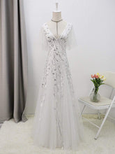 Load image into Gallery viewer, Color=White | Modern Floor Length Embroidered Sequined Tulle Wedding Dress-White 8