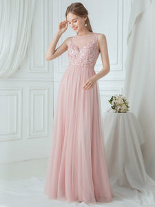 Color=Pink|Elegant Round Neck Tulle Applique Bridesmaid Dress-Pink 4