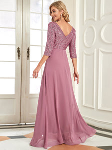 Color=Orchid | Sexy V Neck A-Line Sequin Evening Dress-Orchid 2