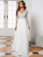 Load image into Gallery viewer, Color=White | Sexy V Neck A-Line Sequin Evening Dress-White 1