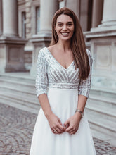 Load image into Gallery viewer, Color=White | Sexy V Neck A-Line Sequin Evening Dress-White 2