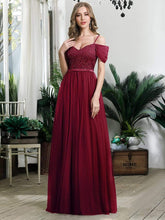 Load image into Gallery viewer, Color=Burgundy | A-Line Sweetheart Neckline Ruffle Sleeve Tulle Bridesmaid Dress With Sequin-Burgundy 3