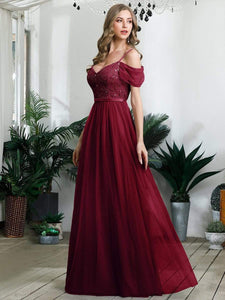 Color=Burgundy | A-Line Sweetheart Neckline Ruffle Sleeve Tulle Bridesmaid Dress With Sequin-Burgundy 4