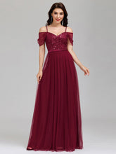 Load image into Gallery viewer, Color=Burgundy | A-Line Sweetheart Neckline Ruffle Sleeve Tulle Bridesmaid Dress With Sequin-Burgundy 8