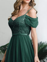 Load image into Gallery viewer, Color=Dark Green | A-Line Sweetheart Neckline Ruffle Sleeve Tulle Bridesmaid Dress With Sequin-Dark Green 8