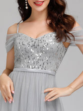 Load image into Gallery viewer, Color=Grey | A-Line Sweetheart Neckline Ruffle Sleeve Tulle Bridesmaid Dress With Sequin-Grey 10