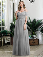 Load image into Gallery viewer, Color=Grey | A-Line Sweetheart Neckline Ruffle Sleeve Tulle Bridesmaid Dress With Sequin-Grey 4