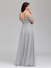 Load image into Gallery viewer, Color=Grey | A-Line Sweetheart Neckline Ruffle Sleeve Tulle Bridesmaid Dress With Sequin-Grey 7