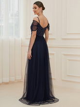 Load image into Gallery viewer, Color=Navy Blue | A-Line Sweetheart Neckline Ruffle Sleeve Tulle Bridesmaid Dress With Sequin-Navy Blue 2