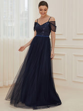 Load image into Gallery viewer, Color=Navy Blue | A-Line Sweetheart Neckline Ruffle Sleeve Tulle Bridesmaid Dress With Sequin-Navy Blue 3